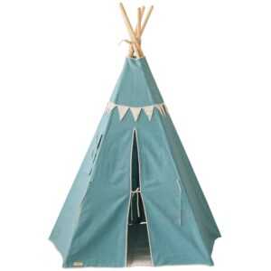 Moi Mili Modrý lněný teepee stan s girlandou Gold Star 170 x 130 cm